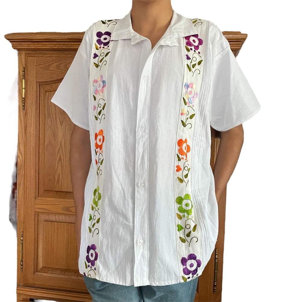 Jashel textiles Mexico Guayabera men's white linen Button up shirt sleeve XL Lrg